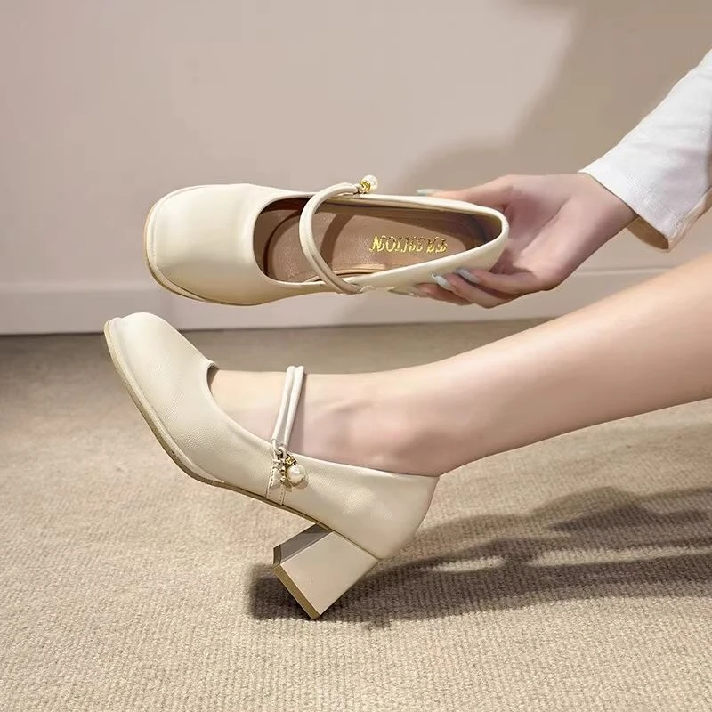 百丽官玛丽珍鞋女新款夏季仙女风粗跟高跟鞋不累脚法式晚晚温柔单