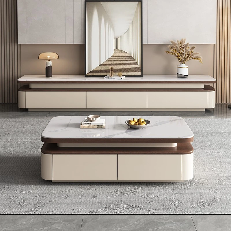 新款胡桃色微晶石茶几电视柜简约现代高端原木奶油风客厅岩板茶几