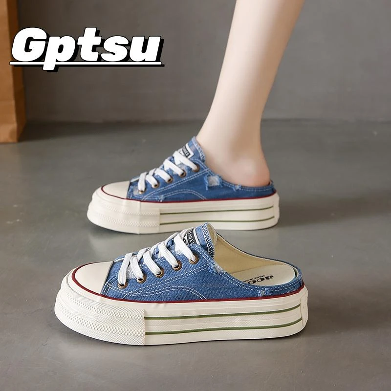 GPTSu厚底半拖帆布鞋碎花内增高无后跟一脚蹬包头牛仔布蓝色单鞋