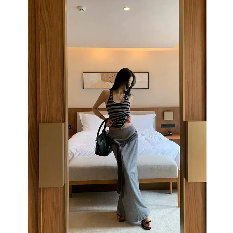 2025夏季新款吊带背心上衣女撞色拼接腰头系带针织长款半裙两件套