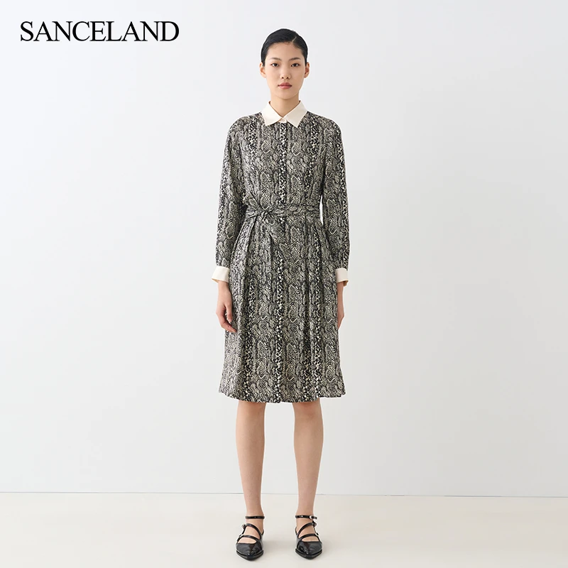 SANCELAND/三石一澜100%桑蚕丝真丝印花优雅连衣裙SG34102007