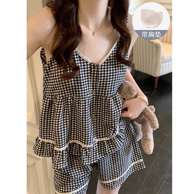 格子花边吊带睡衣女款夏季2025新款性感带胸垫高级感家居服两件套