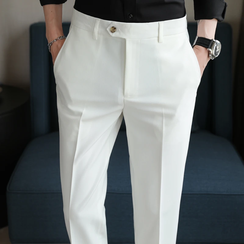 高级感白色西裤男士夏季新款商务正装休闲长裤垂感修身小脚西装裤