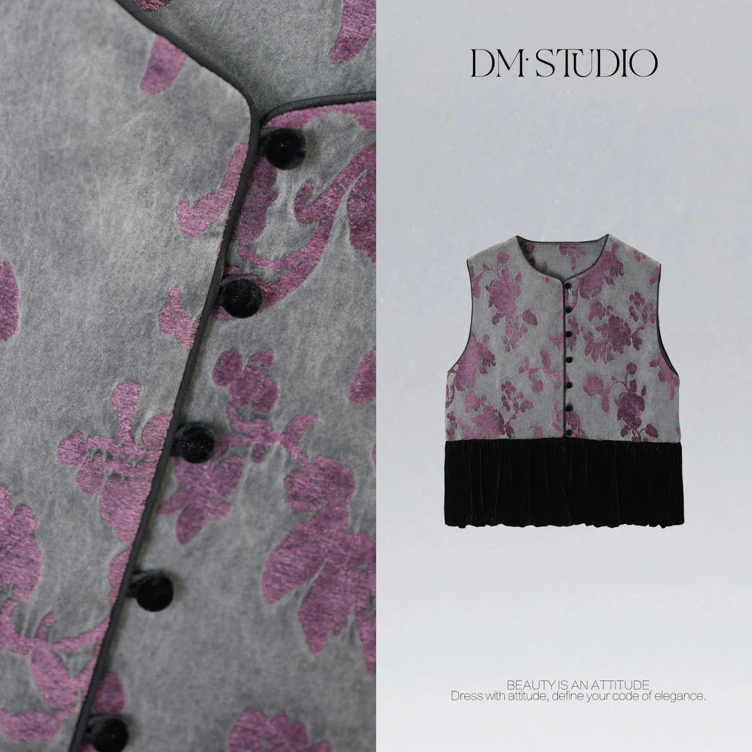 DEDM•STUDIO/新中式复古国风提花盘扣拼接丝绒马甲2509MJ/72083