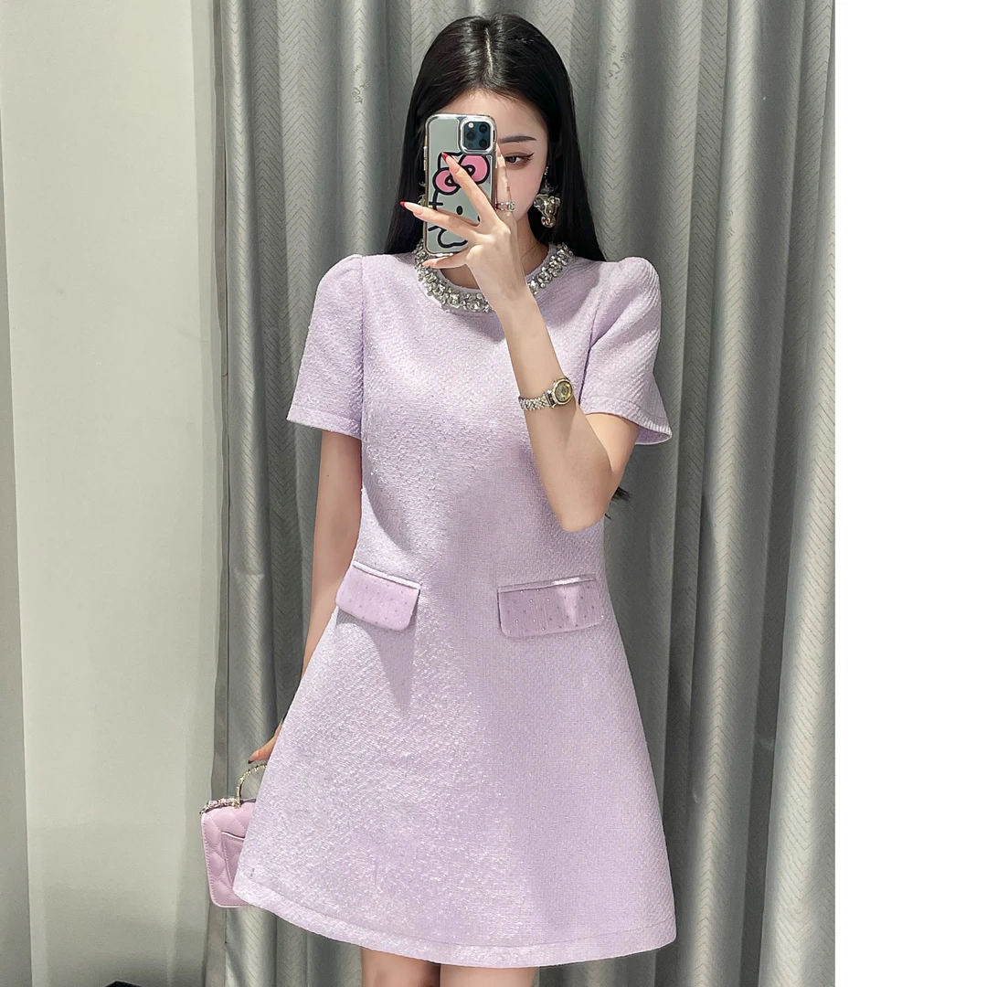 2025春夏季新款轻奢气质镶钻浅紫色小香风短袖连衣裙女A字裙10346