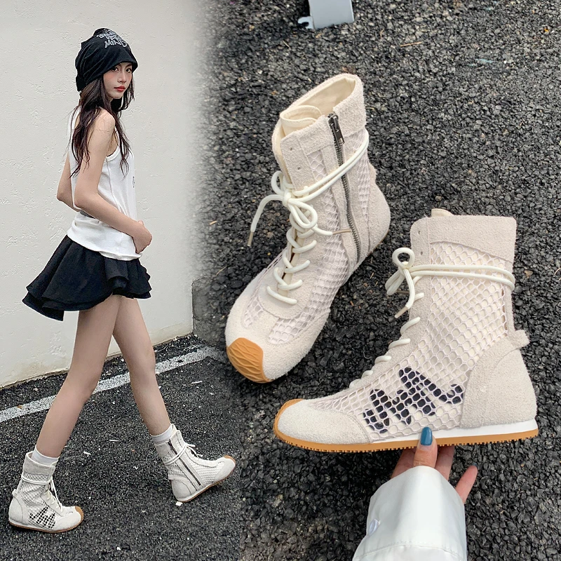 夏季透气马丁靴女2025新款夏天薄款跳舞的靴子真皮内增高短靴女士