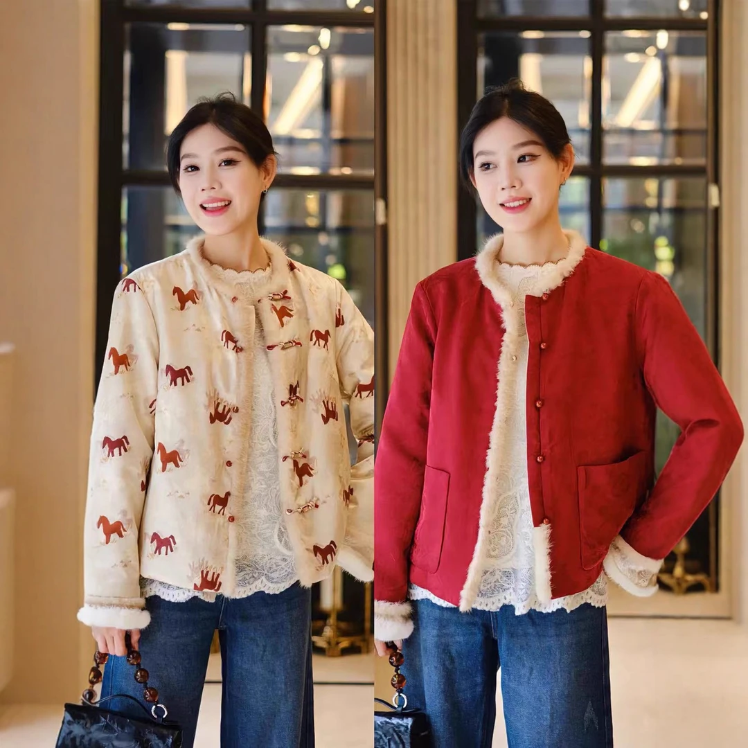 双面双穿提花拼接水貂毛外套优雅复古新中式国风盘扣上衣外套秋冬