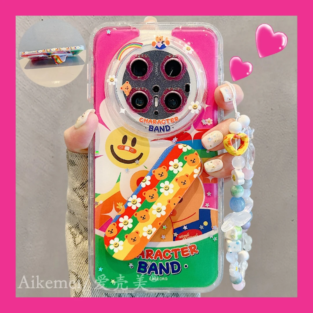 适用华为mate70pro+手机壳彩虹花朵小熊mate60pro+创口贴折叠支架