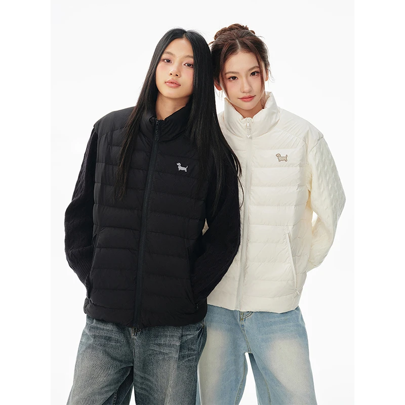 2025秋冬新款韩版腊肠小狗针织袖棉服女设计感立领轻薄款显瘦外套