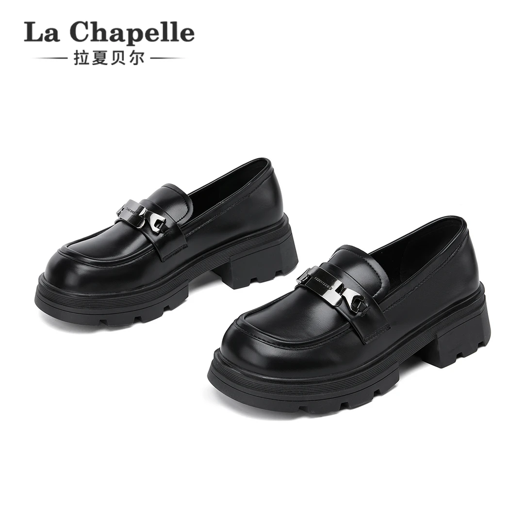 拉夏贝尔时尚小皮鞋女秋季新款休闲百搭小个子厚底透气圆头乐福鞋