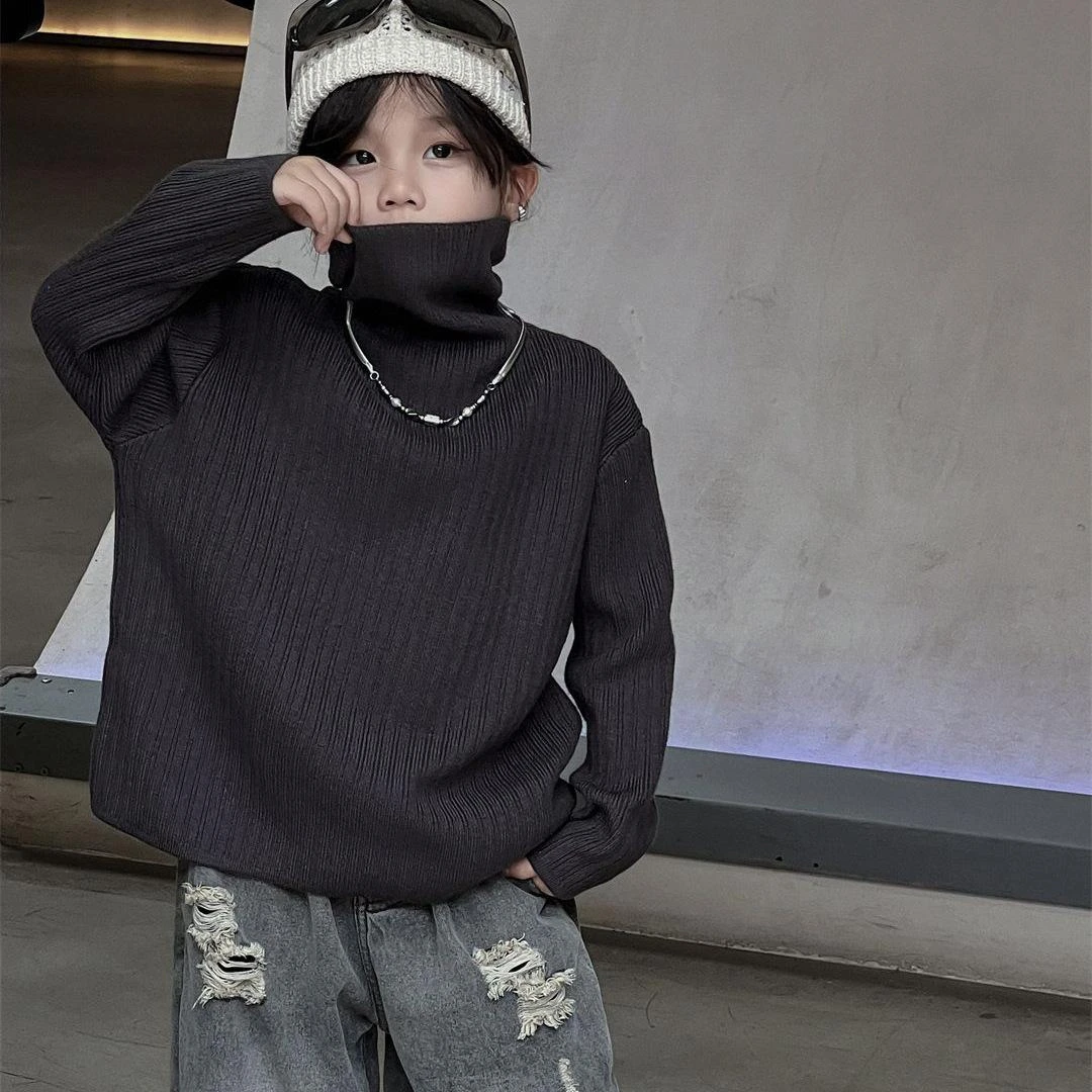小开衫2024直筒冬季童装打底衫慵懒加厚高领柔软保暖上衣毛衣潮F