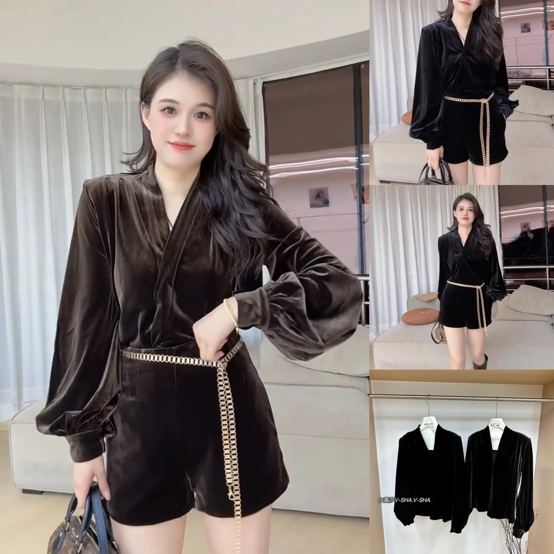 薇莎1959【上衣】垫肩金丝绒上衣