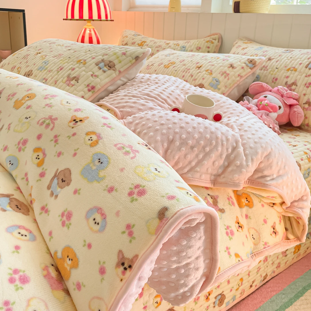 卡通小狗豆豆绒被套单件加厚牛奶绒床盖三件套绗缝加绒床单人保暖