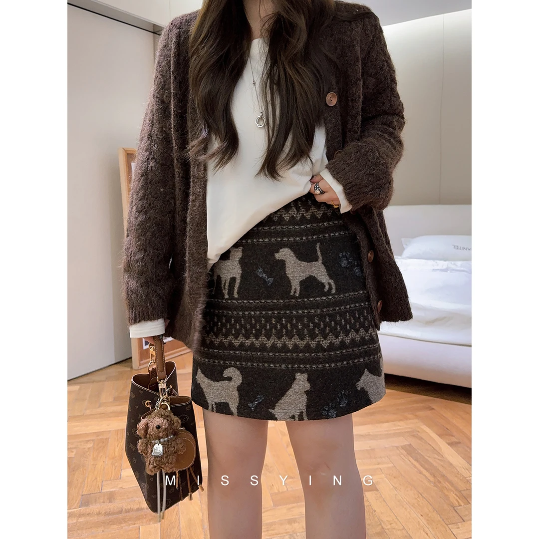 应小姐【狗狗乐园】微胖大码秋款休闲百搭显瘦双面提花保暖温柔半裙