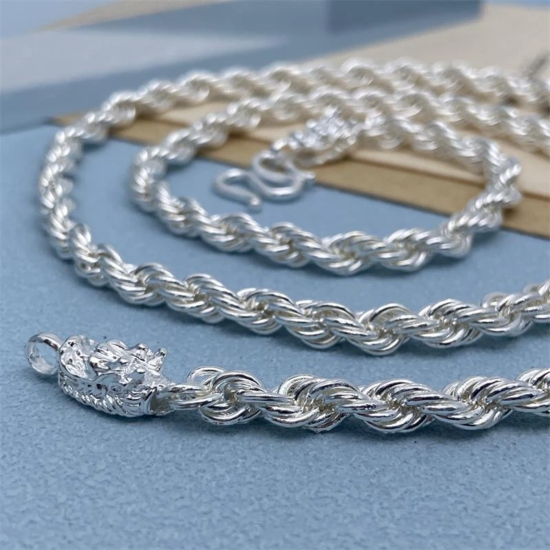 链子足银 999纯银麻花麻绳链男士粗款霸气龙头项链潮牌银饰送礼物