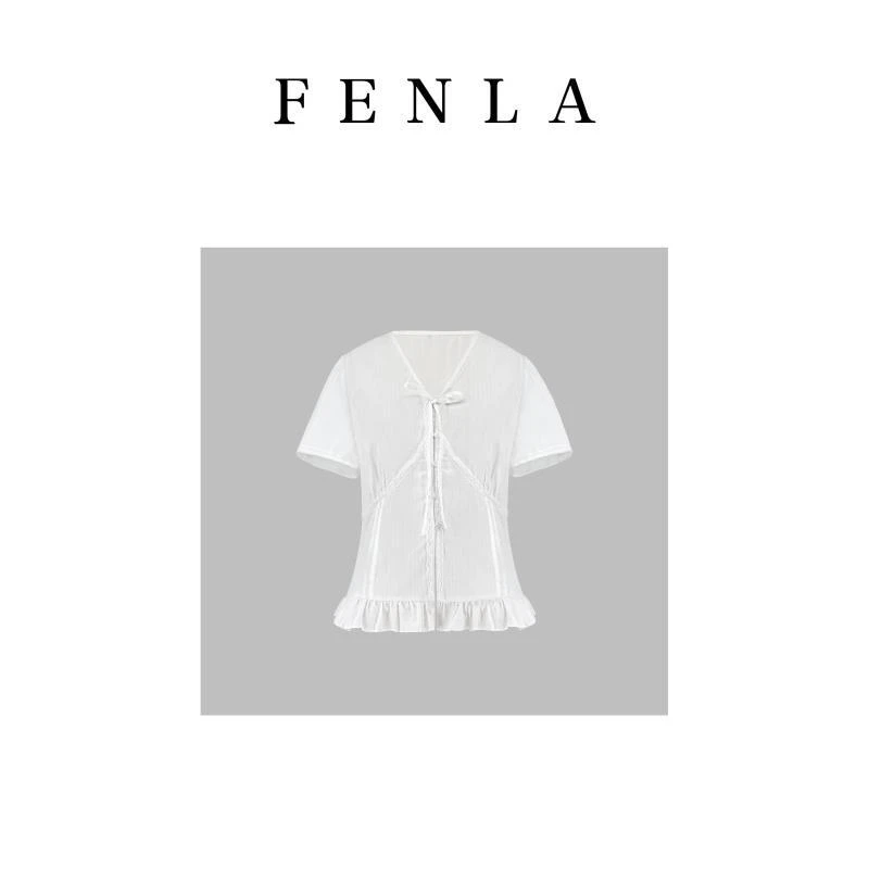 【惠姐私服】韩系系带蝴蝶结短袖衬衫女蕾丝花边纯欲V领上衣 83879