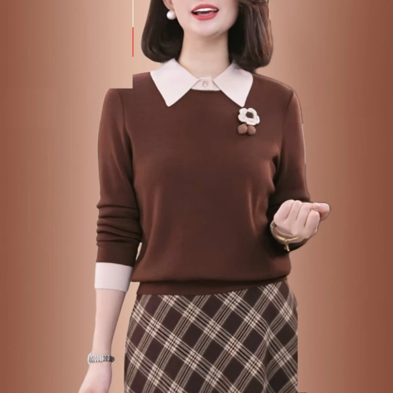 时尚百搭显年轻毛假两件翻领针织打底衫女毛衣秋冬新款洋气质上衣