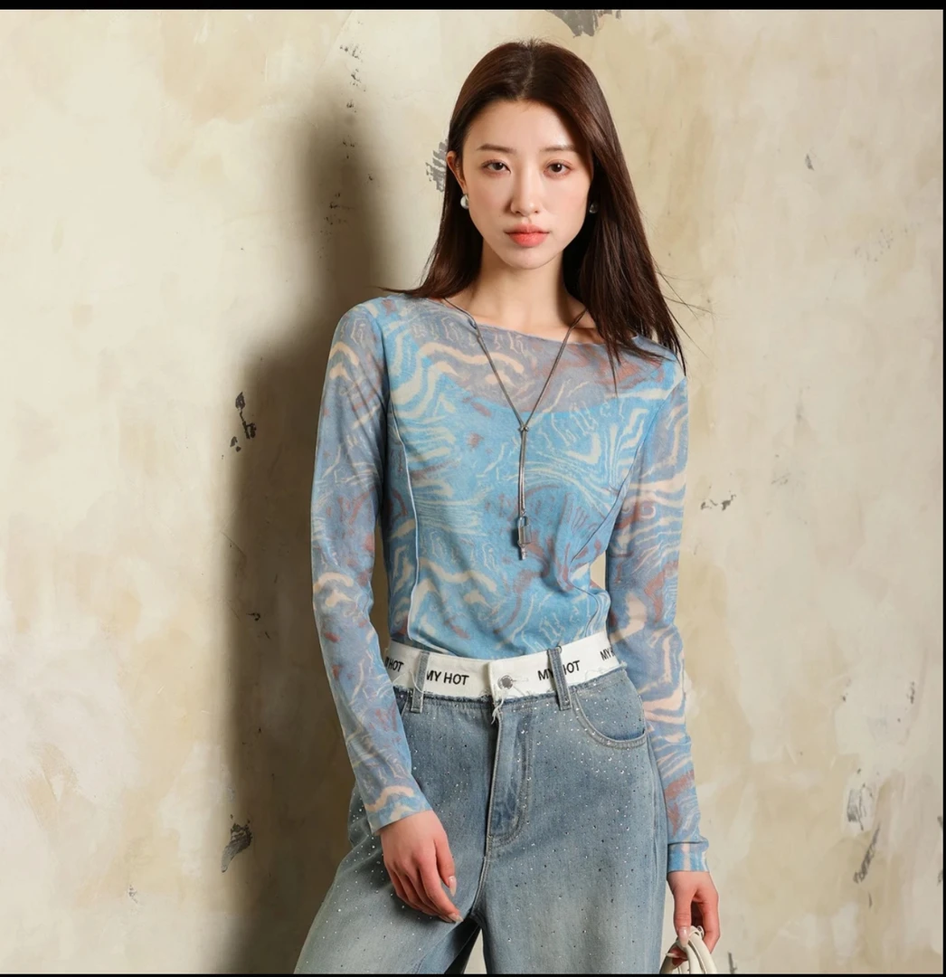 H314314381华家曼春季新款时尚蓝色打底纱衣