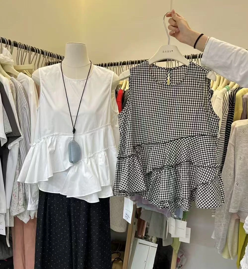 十三行韩版新款通勤淑女背心荷叶边设计感小众套头上衣无袖衬衫女