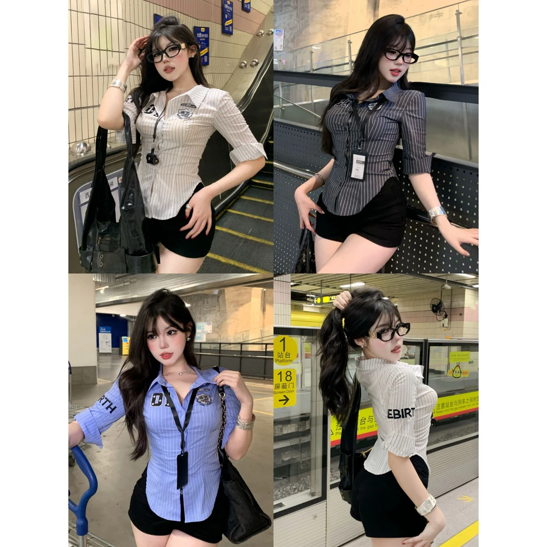10.24清清【韩感氛围】美式辣妹！收腰修身衬衫复古衬衣5253M
