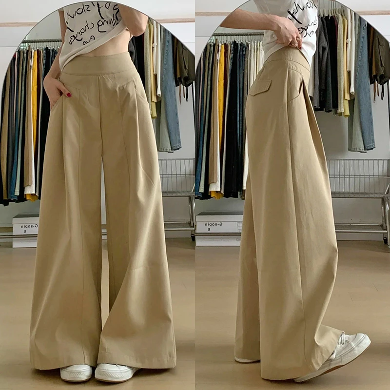 老钱风卡其色西装阔腿裤女夏季薄款高腰显瘦宽松直筒休闲拖地长裤