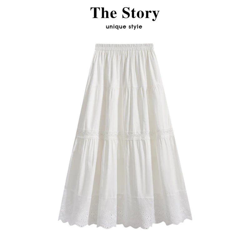 森系蕾丝花边拼接白色半身裙女春夏季仙女裙百褶裙垂感a字长裙子