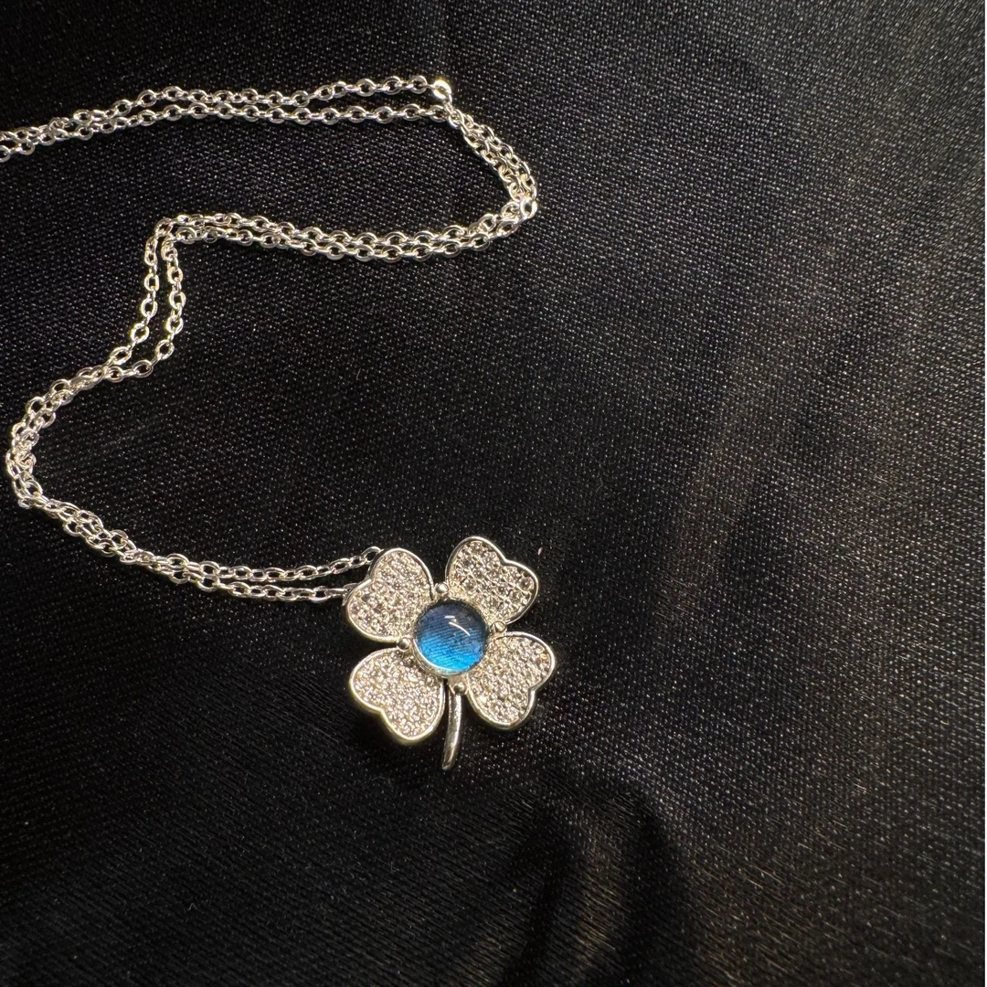 吊坠925银 幸运四叶草 蓝闪蝶 简约镶嵌项链990厚银