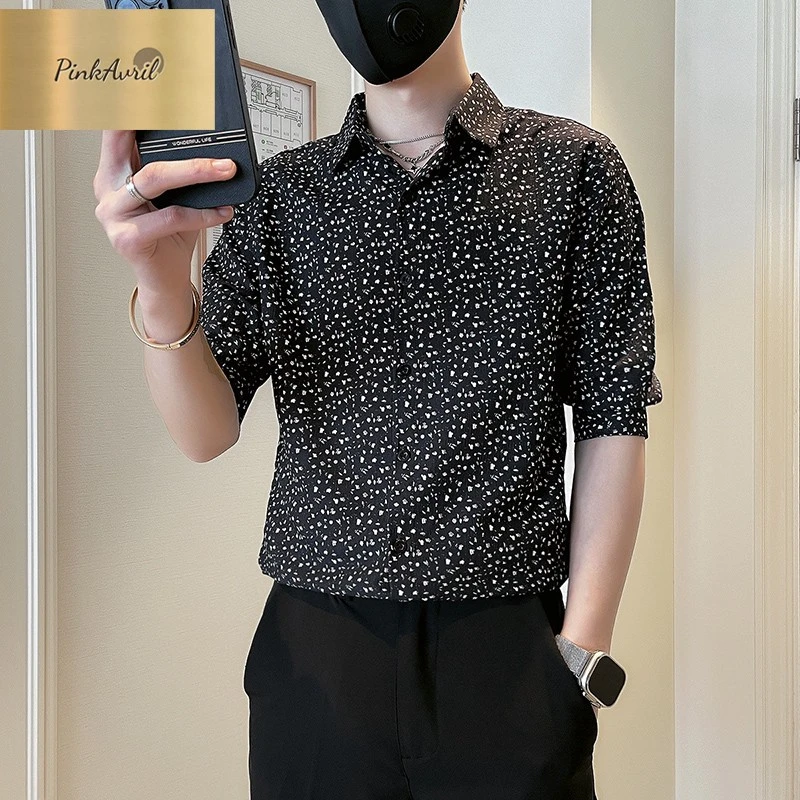 PinkAvril男士高端短袖衬衫冰丝垂感寸衫休闲痞帅男装2025新款夏