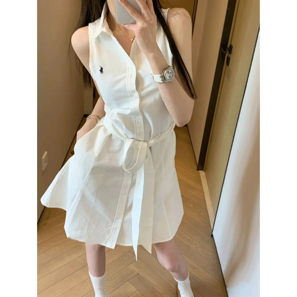 2025夏季新款小马刺绣显瘦初恋感法式连衣裙无袖衬衫背心小白裙女