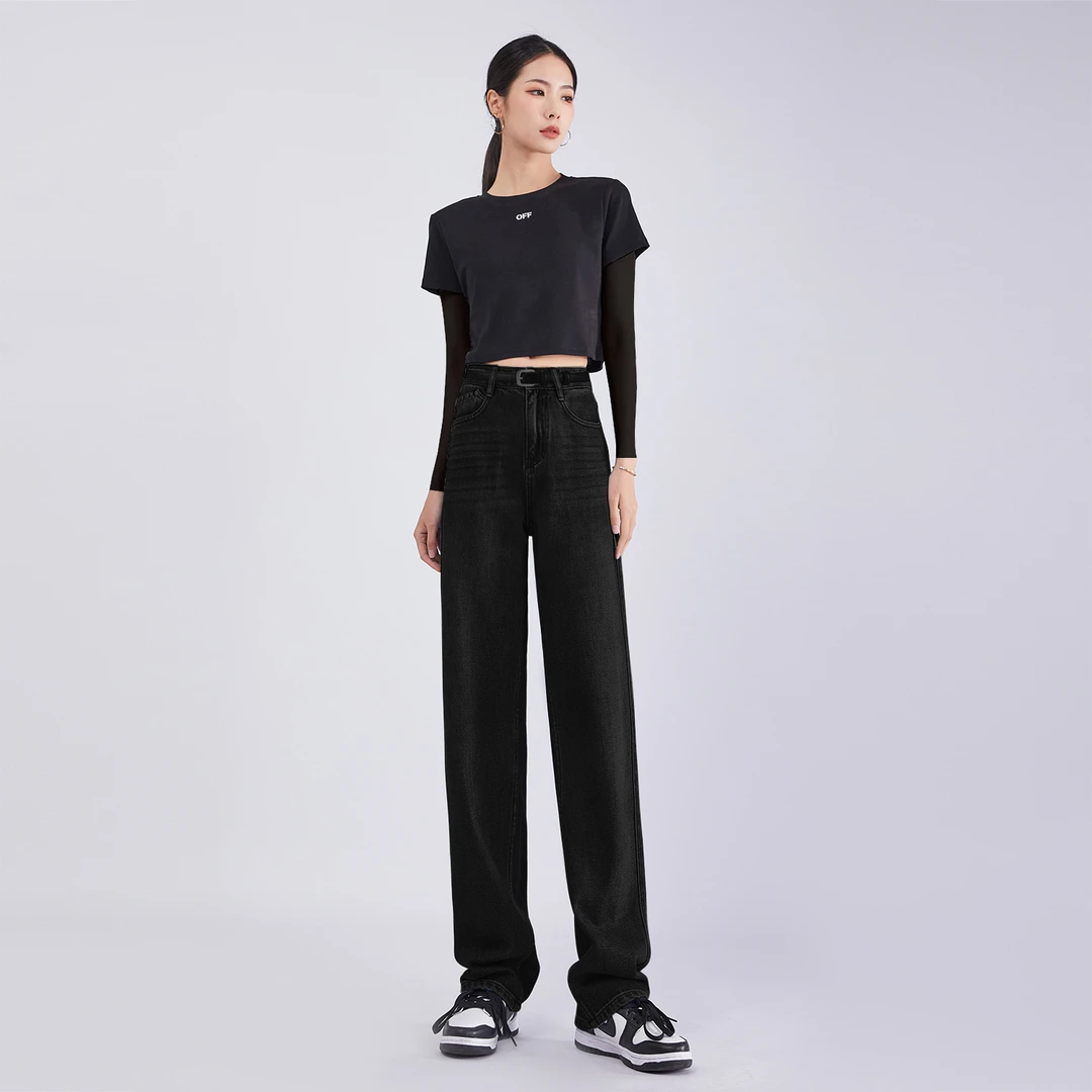 四面弹（纯黑大黑牛）高腰显瘦女窄版直筒阔腿裤