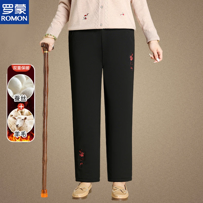 罗蒙品牌冬装加厚保暖休闲裤女中老年人松紧腰裤子妈妈冬季长裤