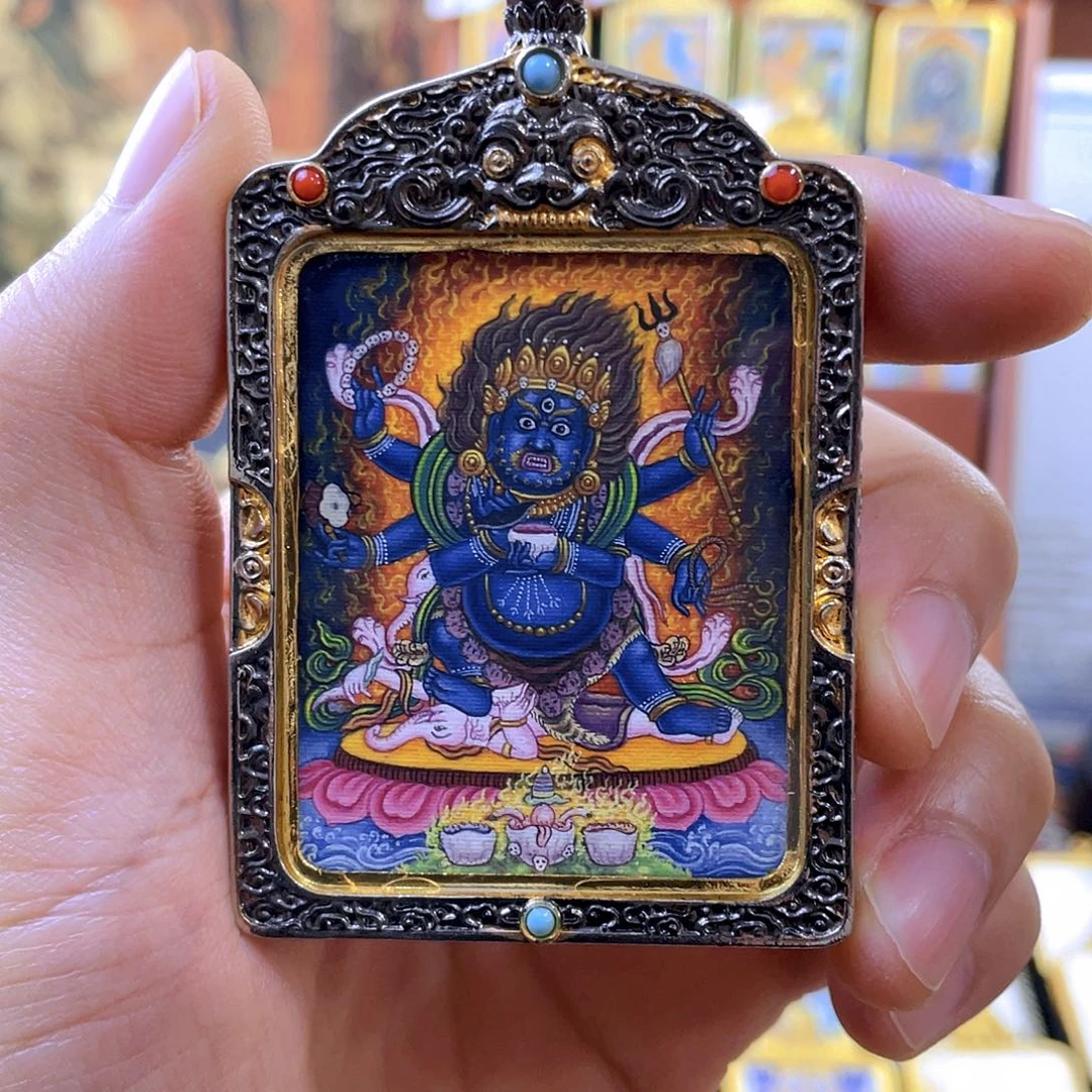吊坠顶级纽瓦力皇室画派精品大黑天唐卡