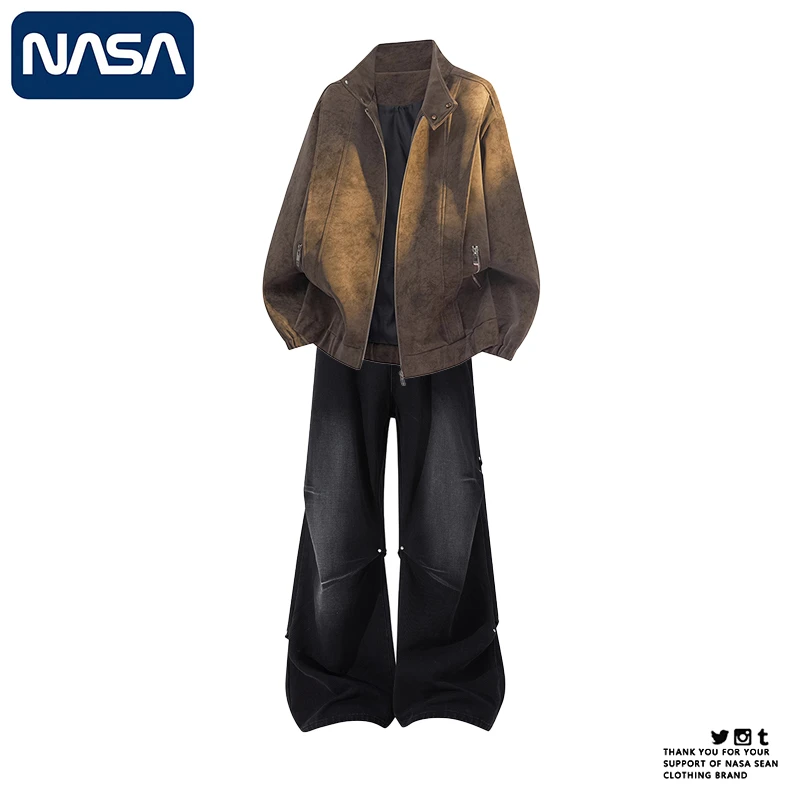 NASA高级感美式休闲运动套装男秋冬季加绒夹克两件套搭配牛仔裤潮