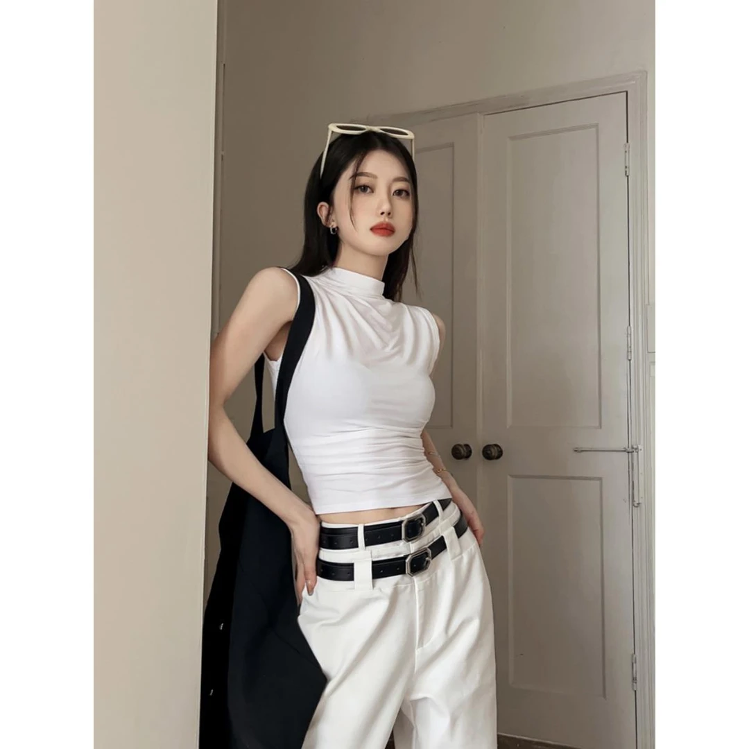 美式小高领无袖背心女外穿夏季chic甜辣白色T恤气质紧身短款上衣