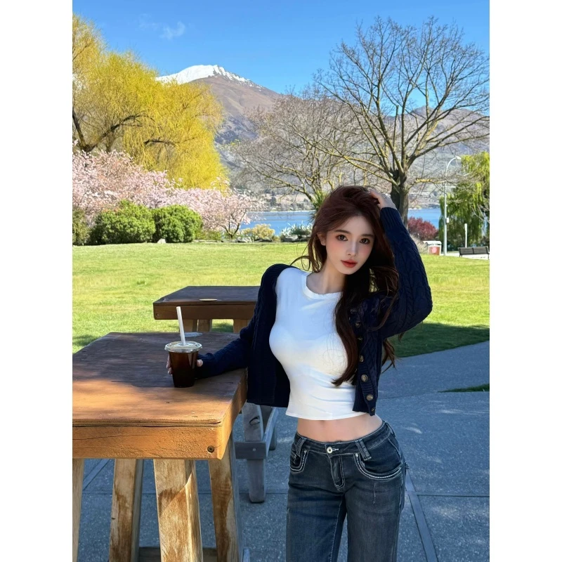 韩系慵懒风休闲针织开衫女秋季短款内搭吊带背心高腰垂感牛仔长裤