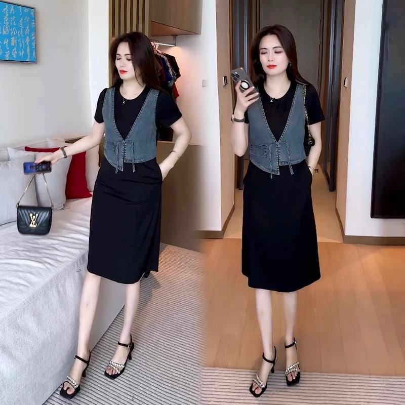 短袖连衣裙女2025夏季新款时尚漂亮减龄洋气质假中长款两件套裙子
