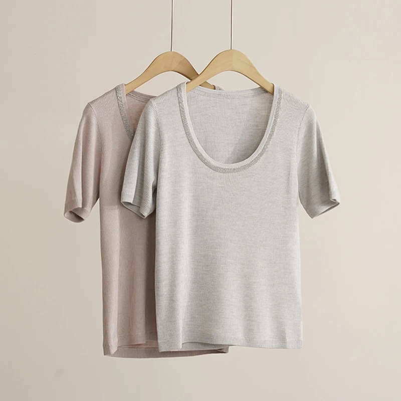 意大利外贸订单U型领珠链短袖女士上衣（250361）2517