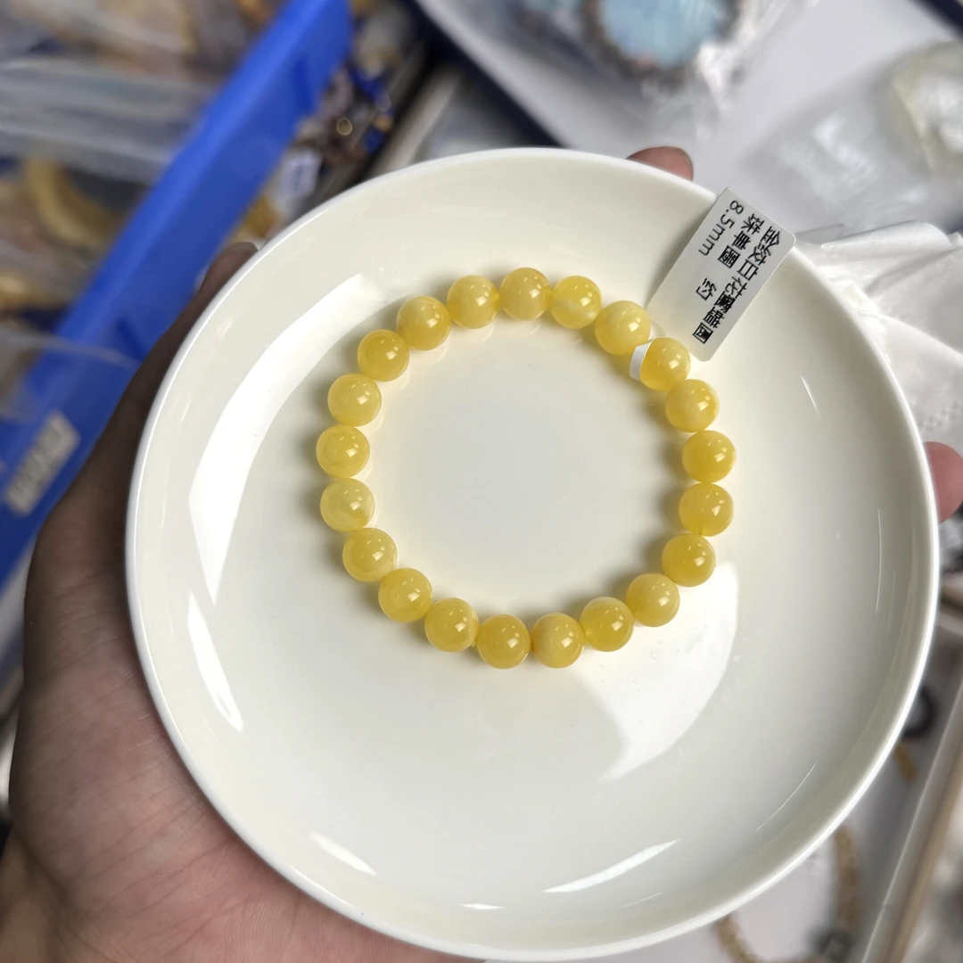 【珠宝厂长】约8.5mm金绞白花蜜蜡圆珠单圈手串