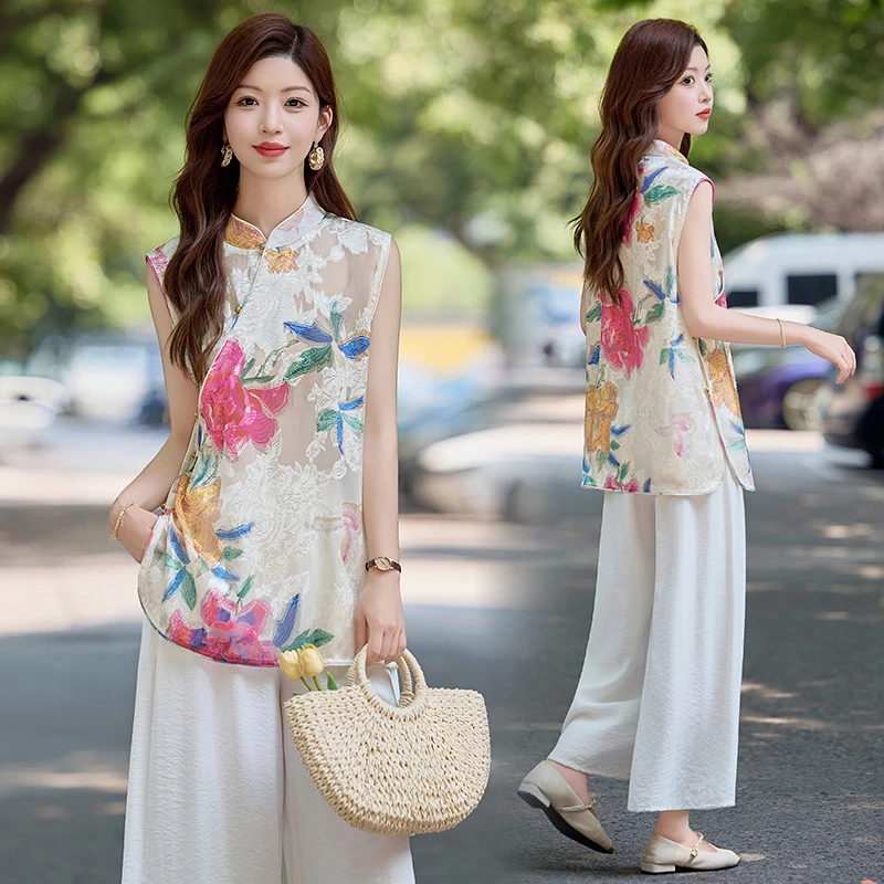 新中式国风印花无袖套装女2025夏季新款复古盘扣薄款阔腿裤两件套