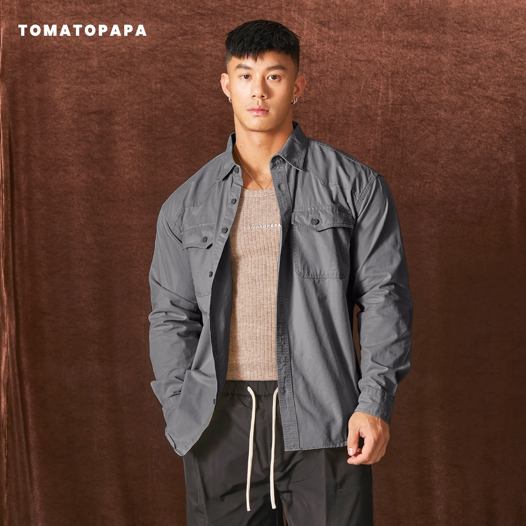 TOMATOPAPA长袖衬衫休闲基础薄外套纯色运动简约纽扣薄开衫可内搭