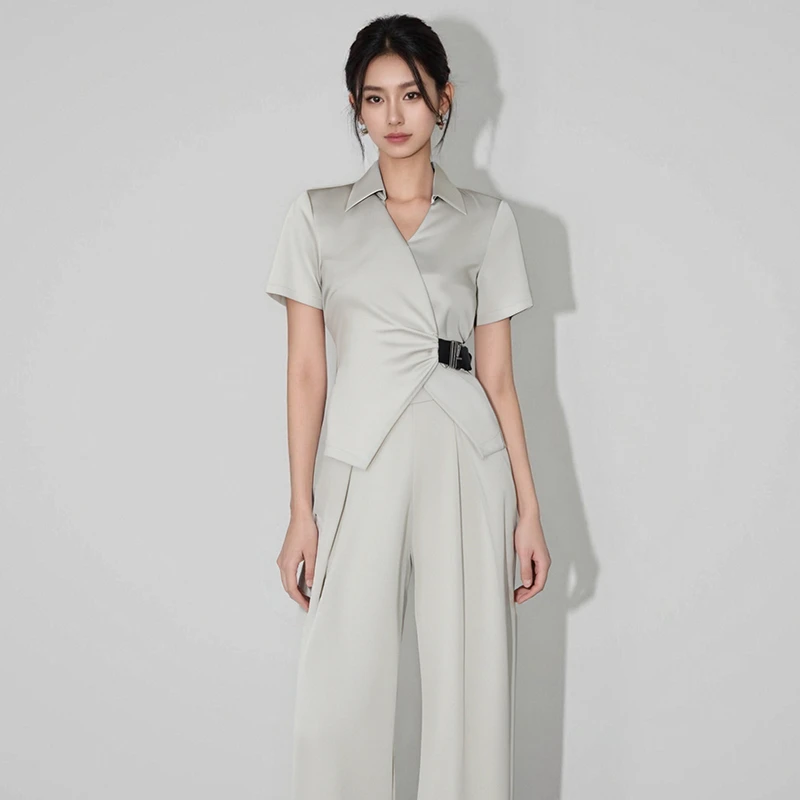 【思思】显瘦气质上衣高腰阔腿裤套装女夏装裤装两件套SHBZW651676