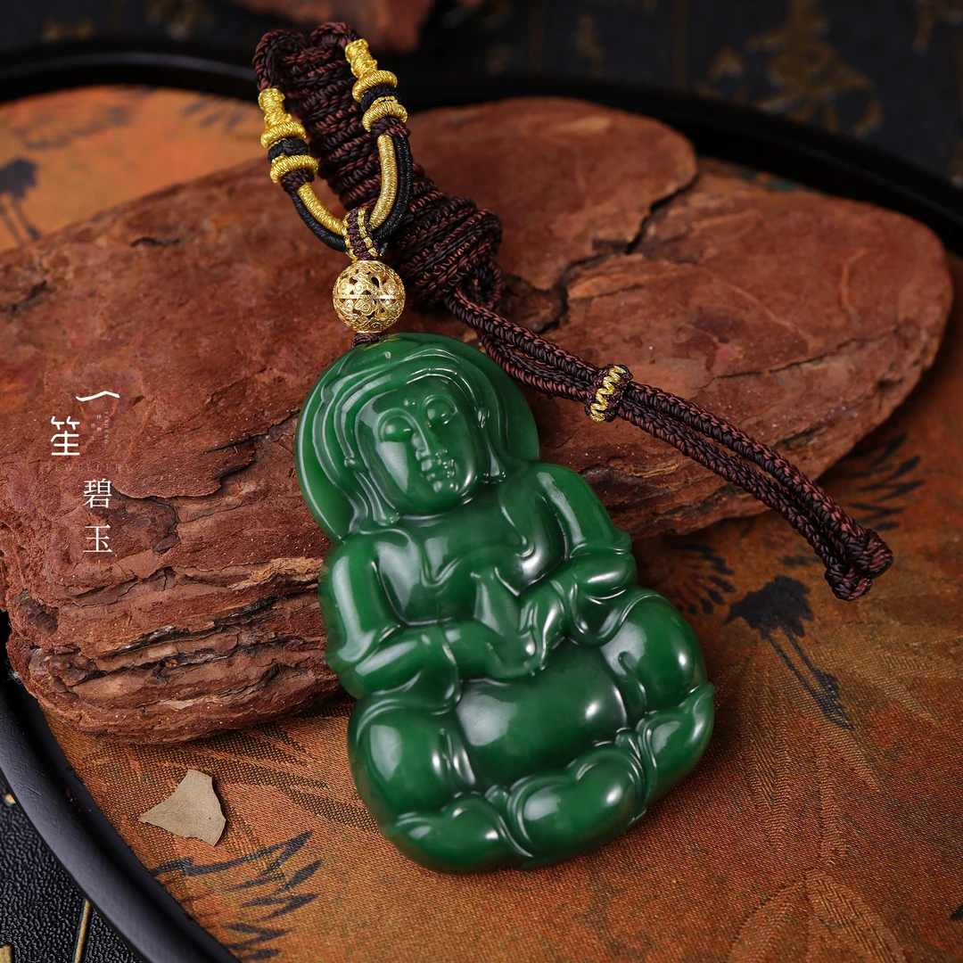 【一笙 · 臻藏】天然和田玉收藏级碧玉观音吊坠18k金镶嵌