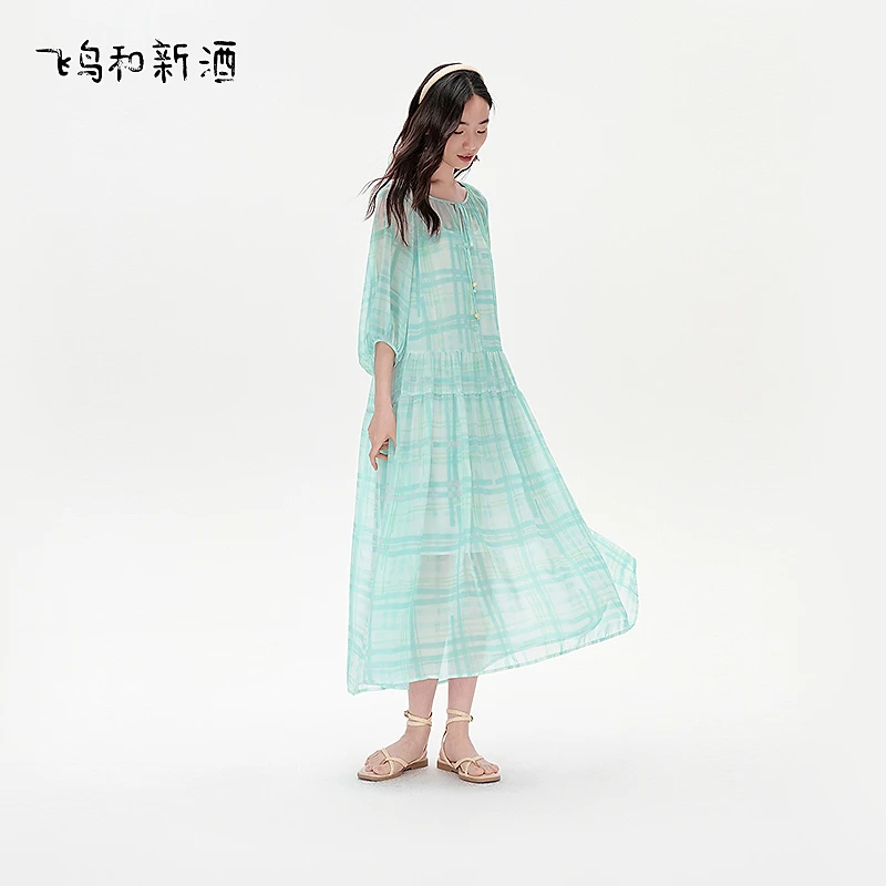 【陈西贝专属】飞鸟和新酒亲肤轻薄格纹印花连衣裙宽松显瘦裙