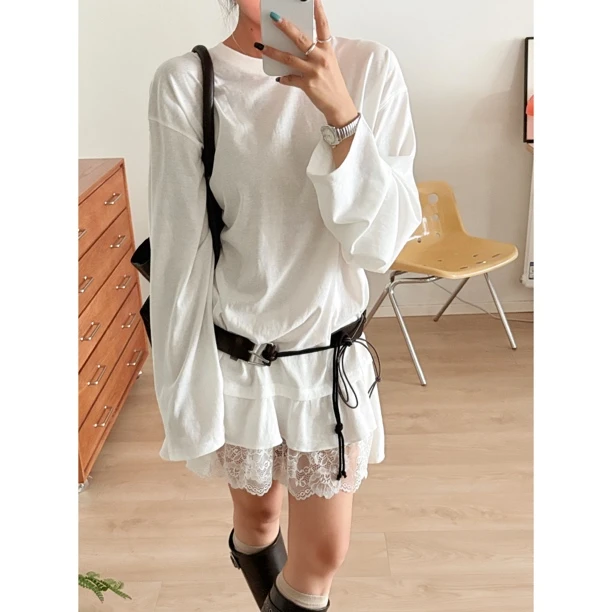 极简风蕾丝少女风长袖拼接T恤打底百搭