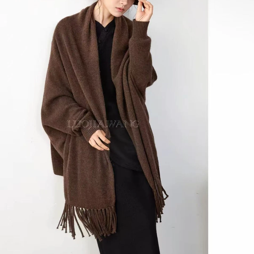 YYY-2595爆款法式优雅流苏100羊毛披肩开衫女宽松慵懒风时尚潮
