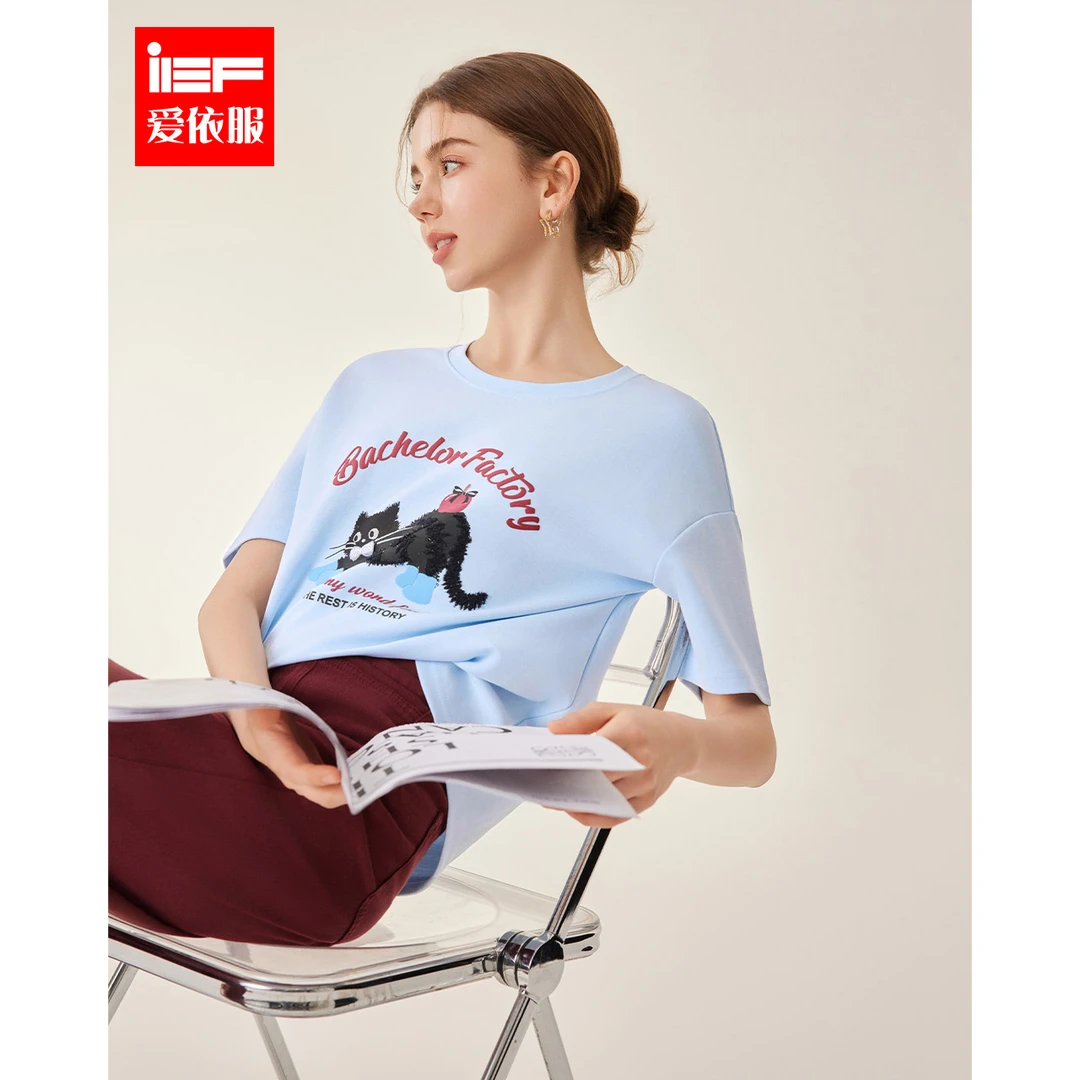 【商场同款新品】IEF/爱依服短袖2025春季新款小猫印花T恤欧若风
