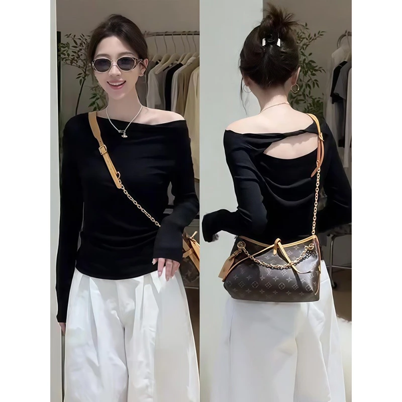 后背镂空斜领露肩长袖内搭T恤2025早秋新款韩系设计高级感上衣女