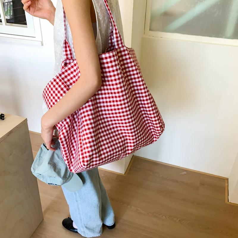 2025新款通勤单肩包大学生上课托特包大容量松弛感格子帆布包包女