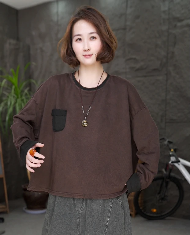 拼接宽松型套头秋季长袖常规卫衣纯色上衣春秋女装