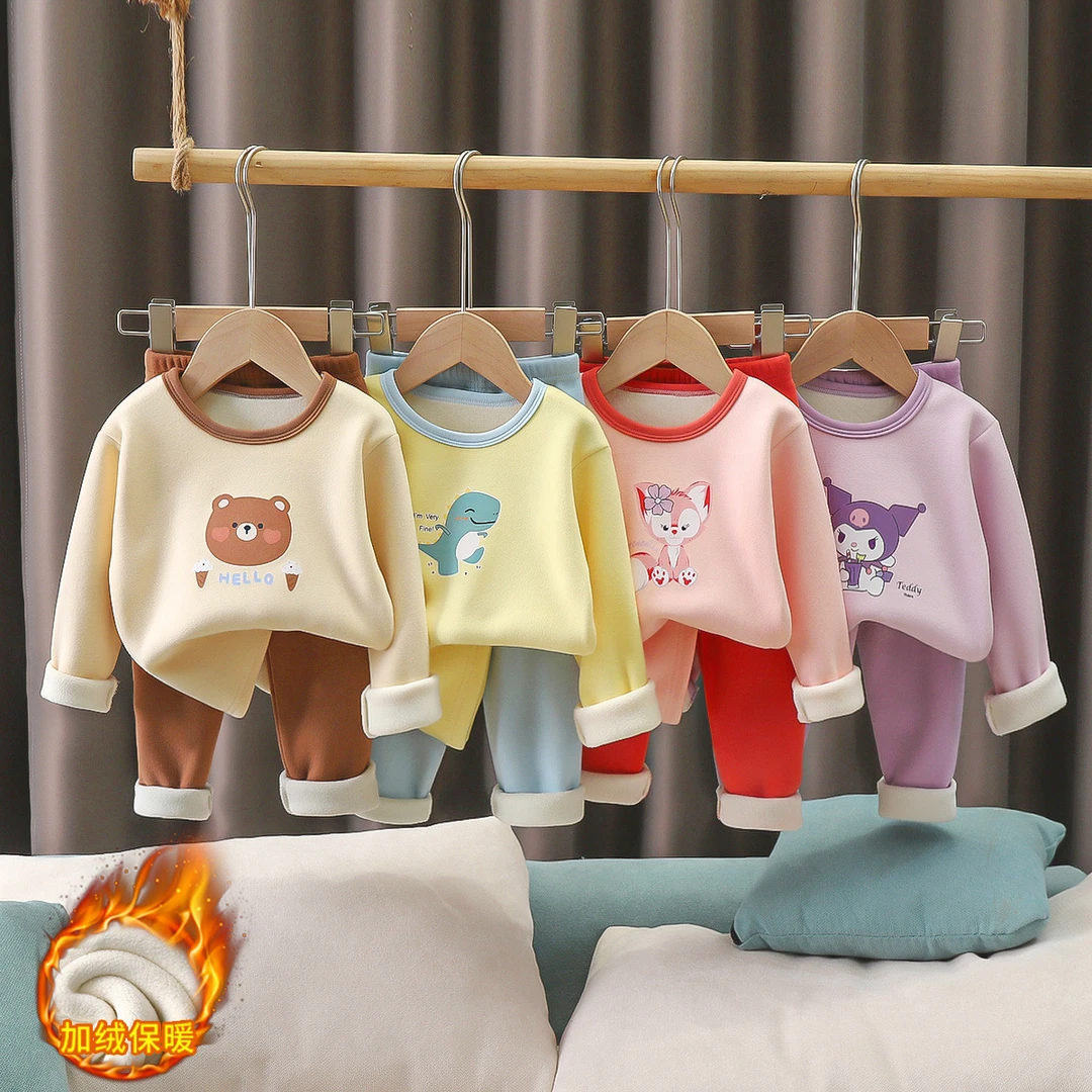 儿童卡通图案保暖套装秋冬加绒加厚家居服A类中大童内衣卡通保暖